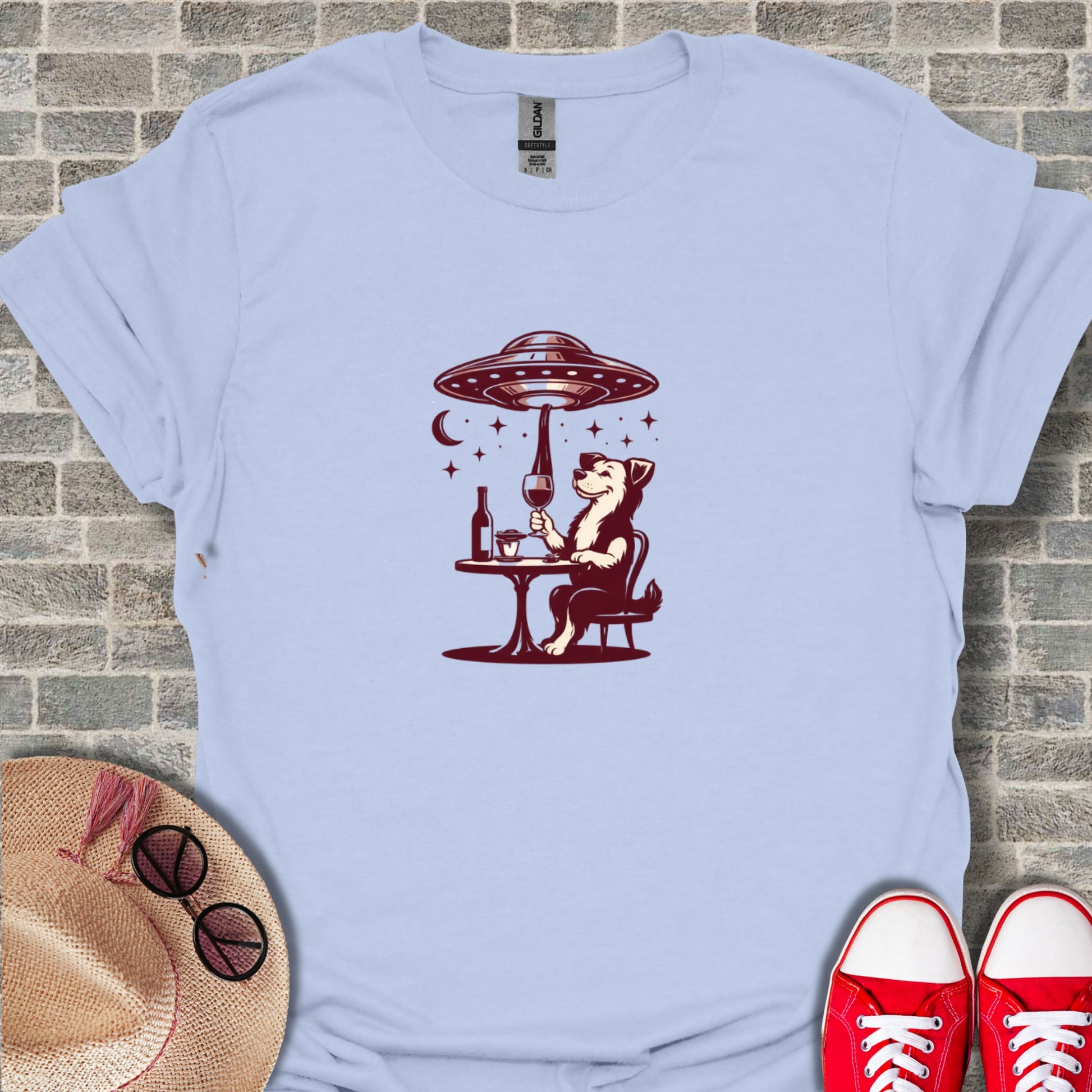 Alien Abduction Dog Having Wine Funny Graphic Shirt