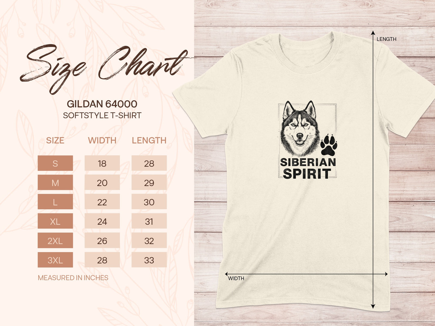 Gildan 64000 softstyle t-shirt size chart with Siberian Spirit graphic.