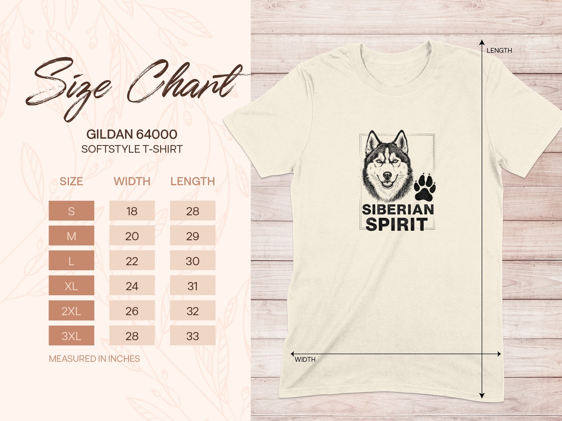 Gildan 64000 softstyle t-shirt size chart with Siberian Spirit graphic.
