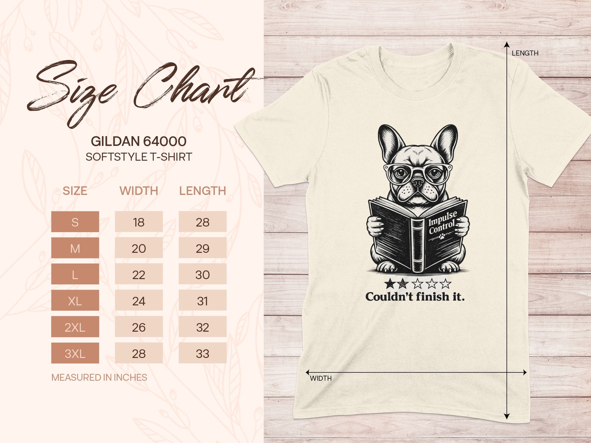 Gildan 64000 size chart for t-shirts with French bulldog reading.