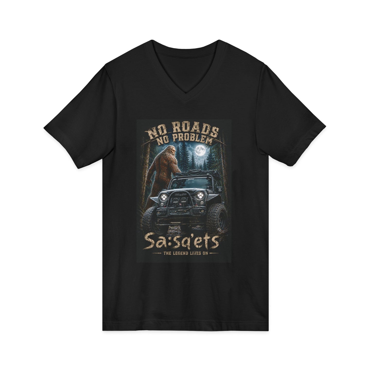 Sasqets 'No Roads No Problem' V-Neck Tee —Brighter Still Sasquatch Off-Road Adventure T-Shirt