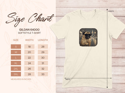 Gildan 64000 softstyle t-shirt size chart with pug graphic.