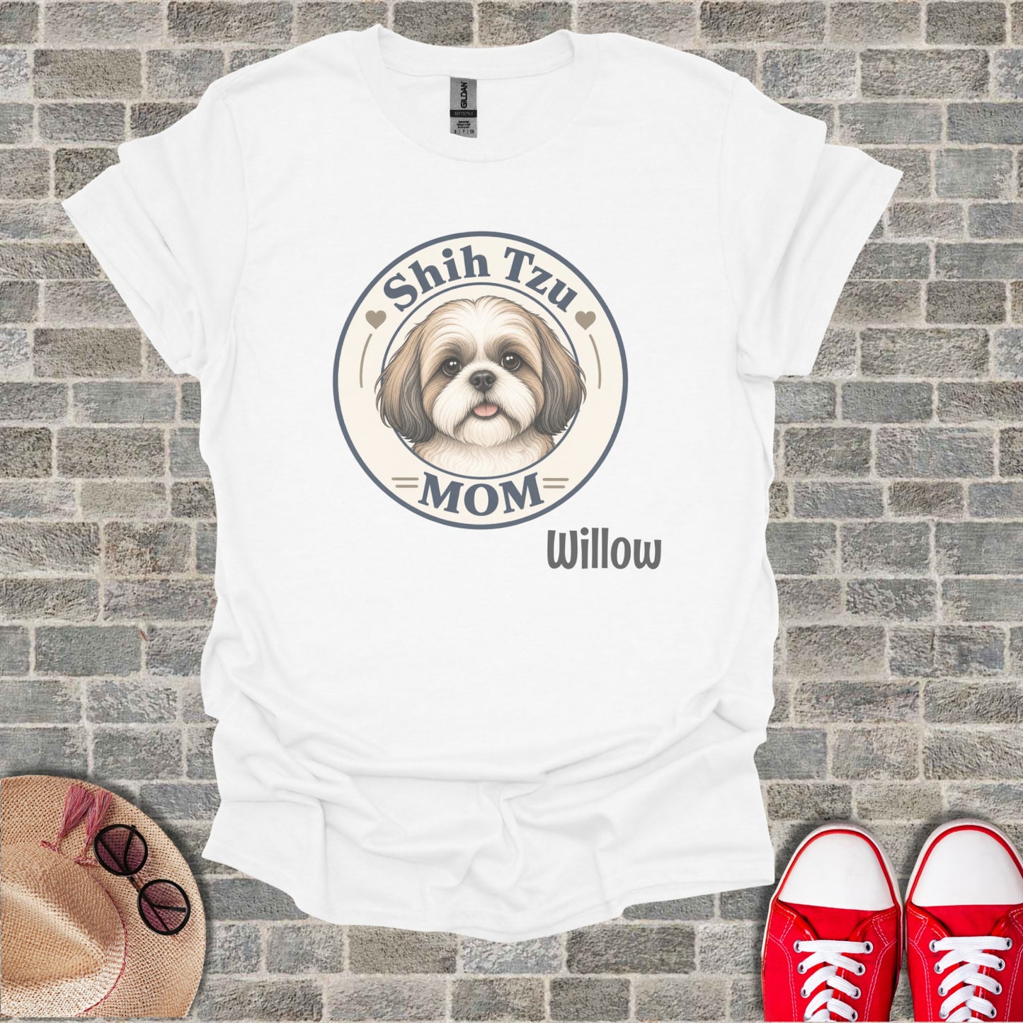 White t-shirt with Shih Tzu dog graphic and "MOM Willow" text.