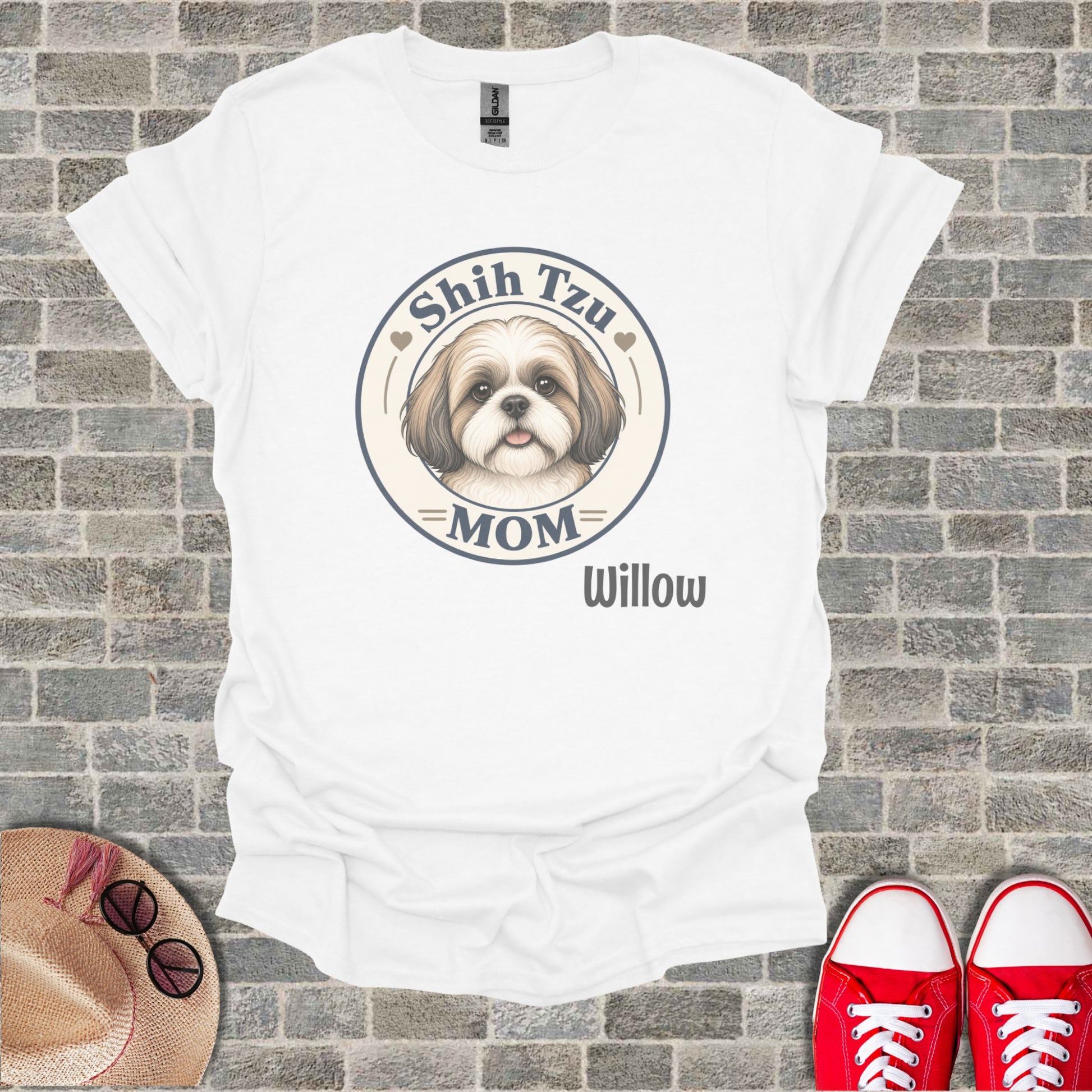White t-shirt with Shih Tzu dog graphic and "MOM Willow" text.