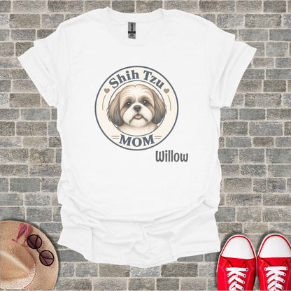 White t-shirt with Shih Tzu dog graphic and "MOM Willow" text.