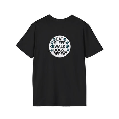 Circular Dog Lover Graphic T-Shirt, Eat Sleep Walk Dogs Repeat Tee, Funny Puppy Paw Print Shirt, Bold Modern Typography Top, Playful Pet