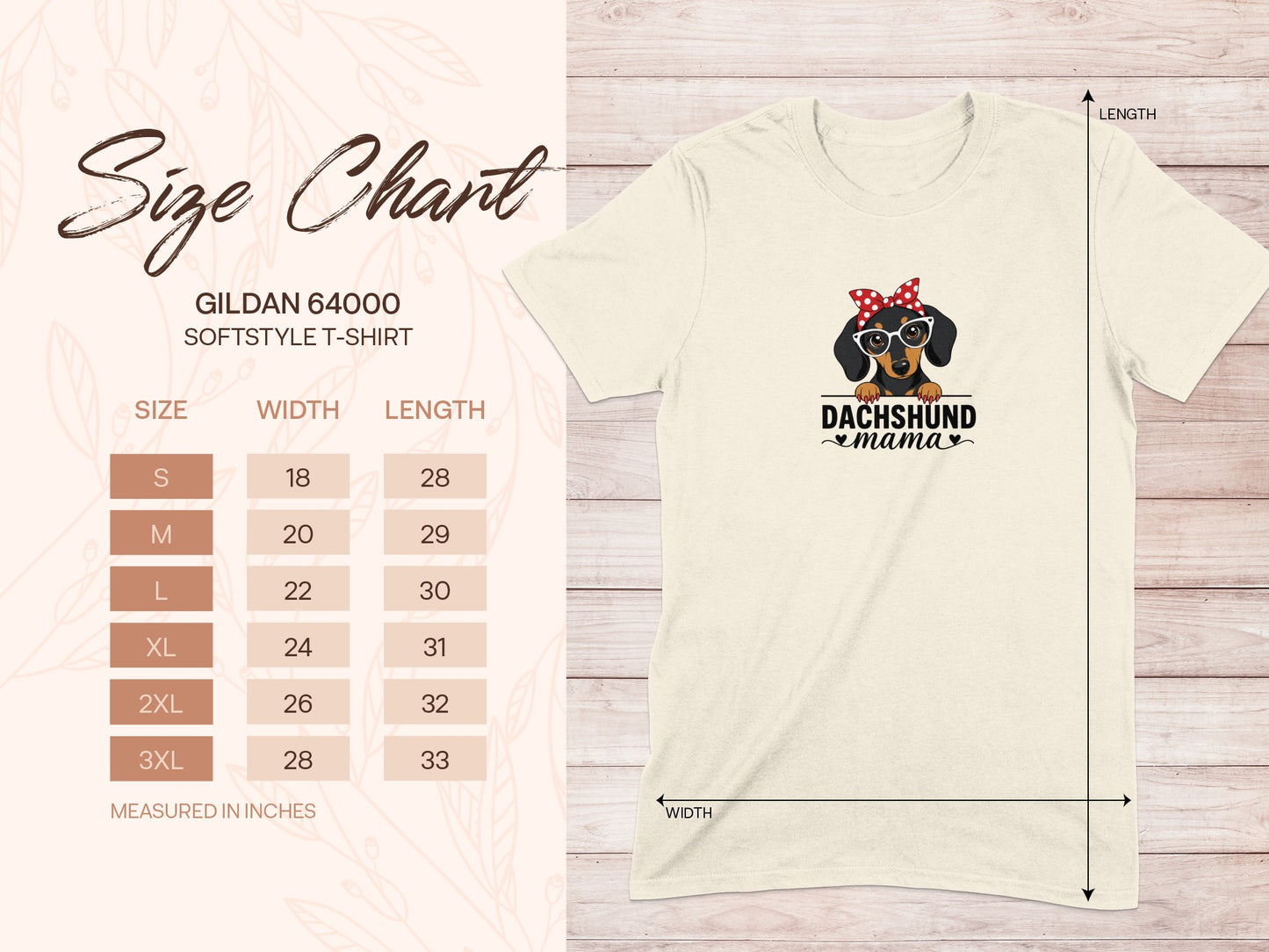 Size chart for Gildan 64000 softstyle t-shirt with Dachshund mama graphic.