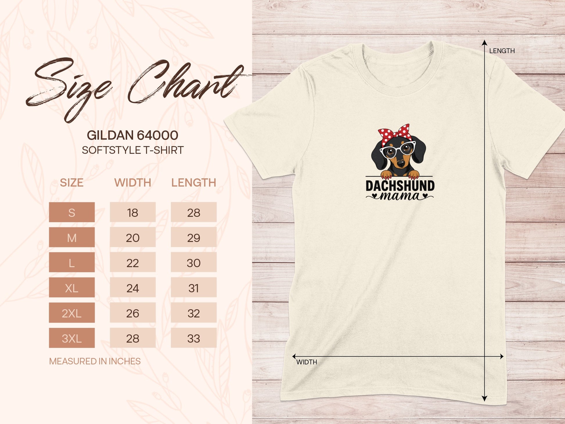 Size chart for Gildan 64000 softstyle t-shirt with Dachshund mama graphic.