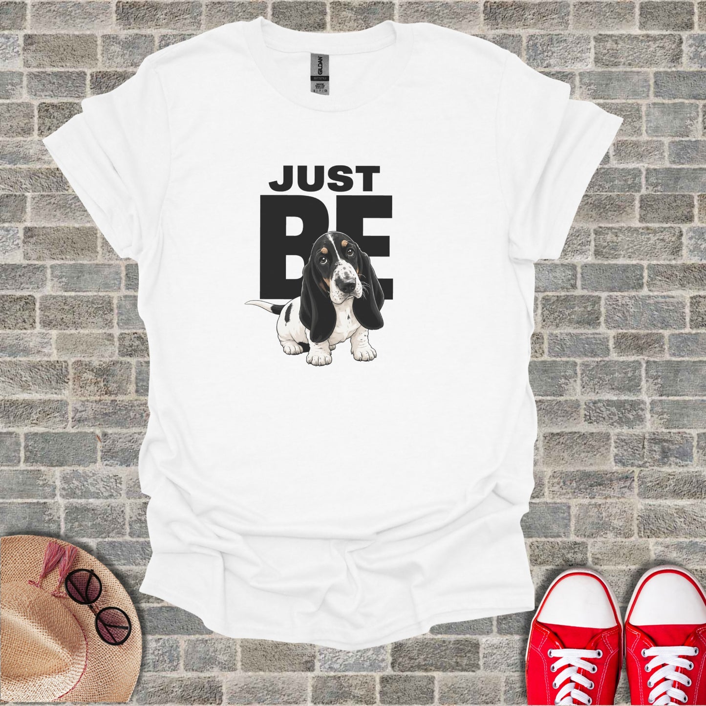 White t-shirt with Basset Hound dog and "JUST BE" text.