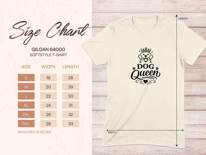 Gildan 64000 Softstyle T-Shirt size chart with width and length measurements.