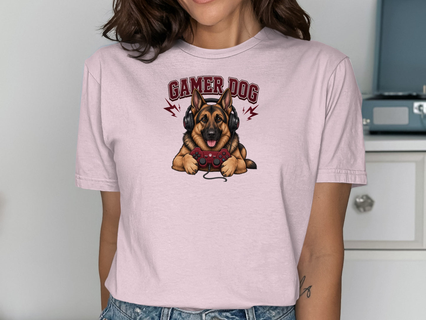 German Shepherd wearing headphones and holding a video game controller.