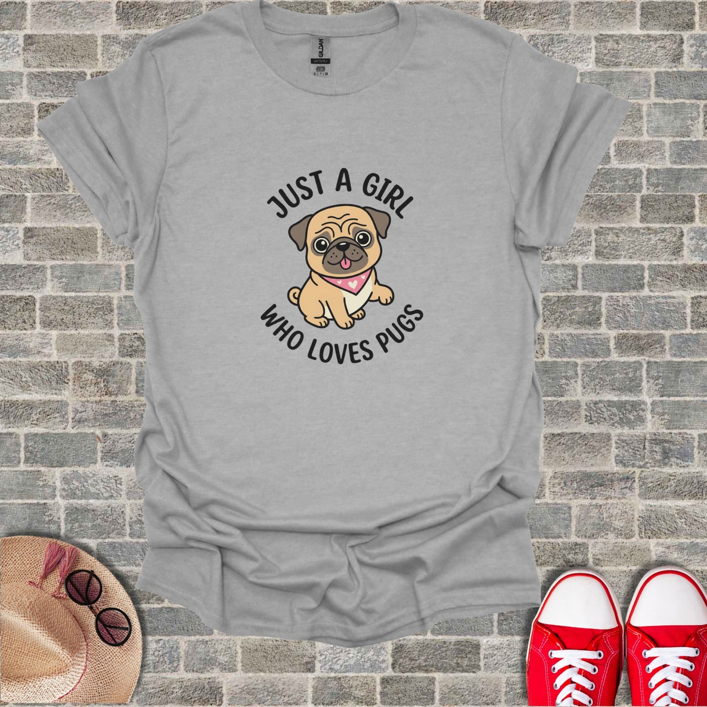 Gray t-shirt with "Just a girl who loves pugs" text and pug illustration.