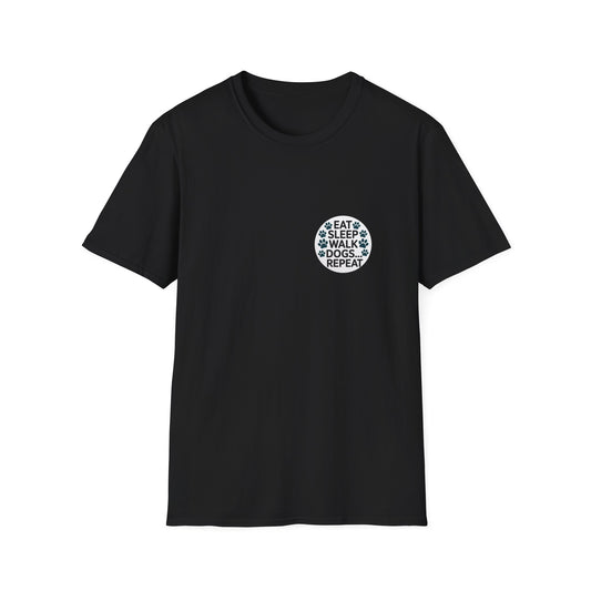 Circular Dog Lover Graphic T-Shirt, Eat Sleep Walk Dogs Repeat Tee, Funny Puppy Paw Print Shirt, Bold Modern Typography Top, Playful Pet