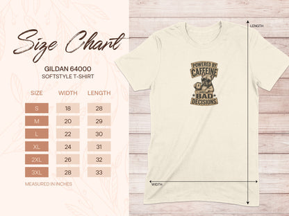 Gildan 64000 t-shirt size chart with "Powered by Caffeine and Bad Decisions" graphic.