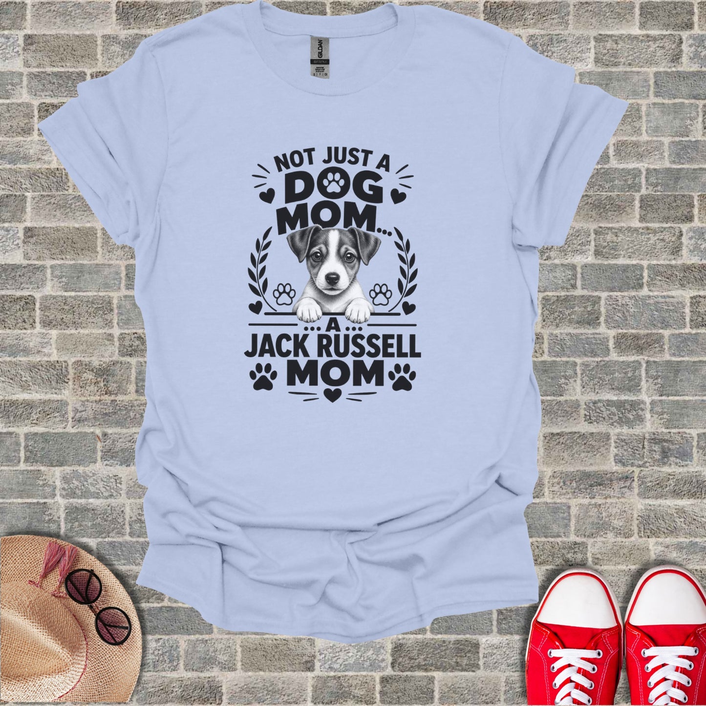 Light blue t-shirt featuring a Jack Russell dog and text "NOT JUST A DOG MOM...A JACK RUSSELL MOM".