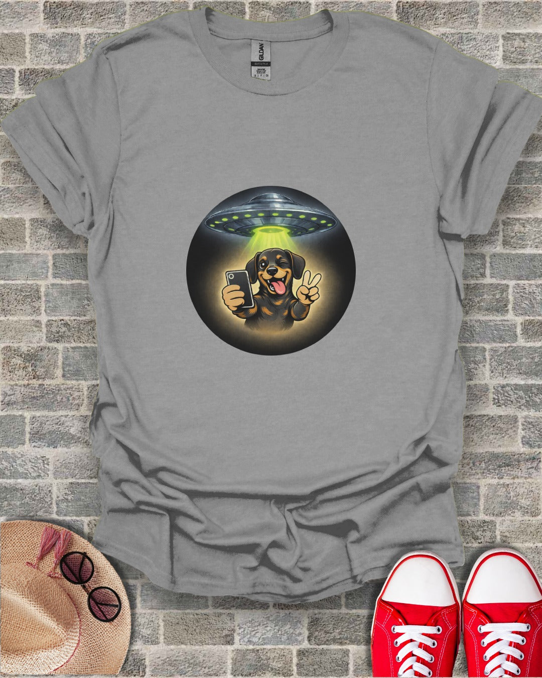 Alien Spaceship with Selfie Dog Graphic T-shirt