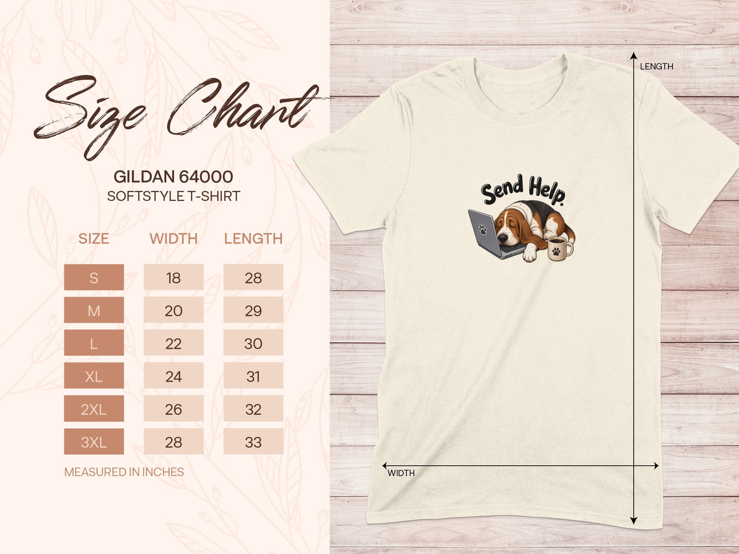 Gildan 64000 softstyle t-shirt size chart with beagle graphic.