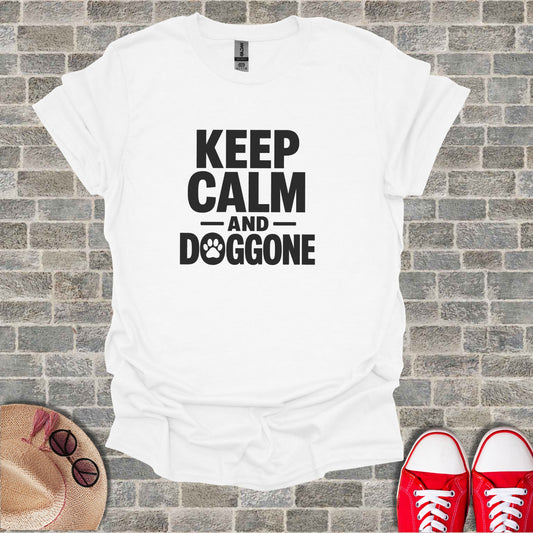 White t-shirt with "Keep Calm and Doggone" text and paw print.
