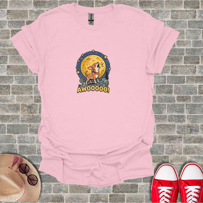 Pink t-shirt featuring a cartoon chihuahua howling at a full moon.