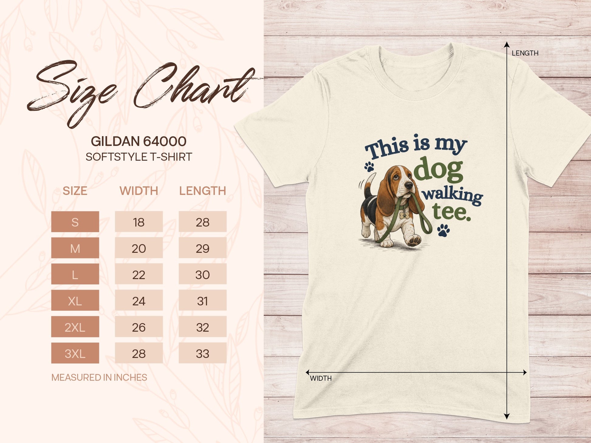 Gildan 64000 softstyle t-shirt size chart with dog graphic.