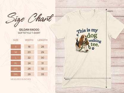 Gildan 64000 softstyle t-shirt size chart with dog graphic.