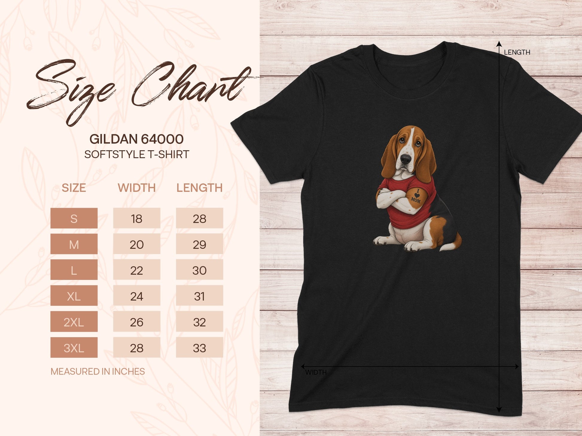 Gildan 64000 size chart for softstyle t-shirt, showing measurements.