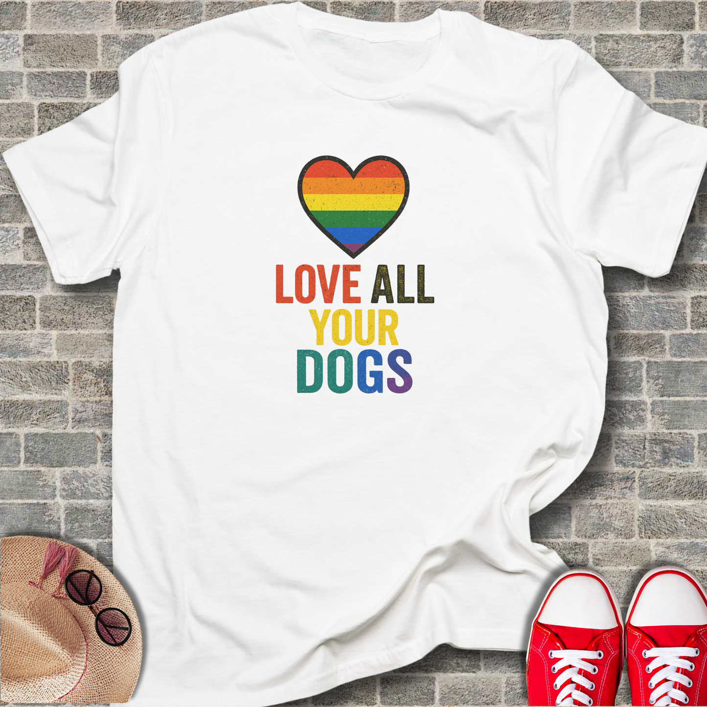 Love All Your Dogs T-Shirt — Rainbow Heart Dog Lover Tee