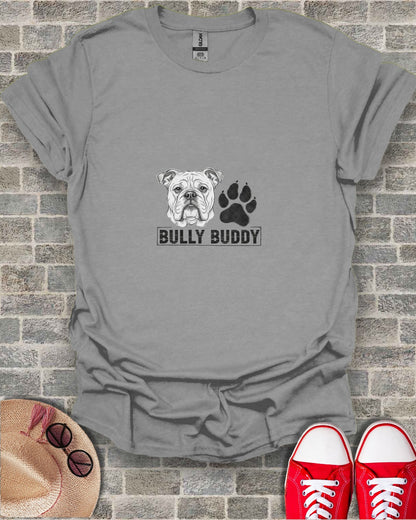 Gray t-shirt with a bulldog illustration and "Bully Buddy" text.