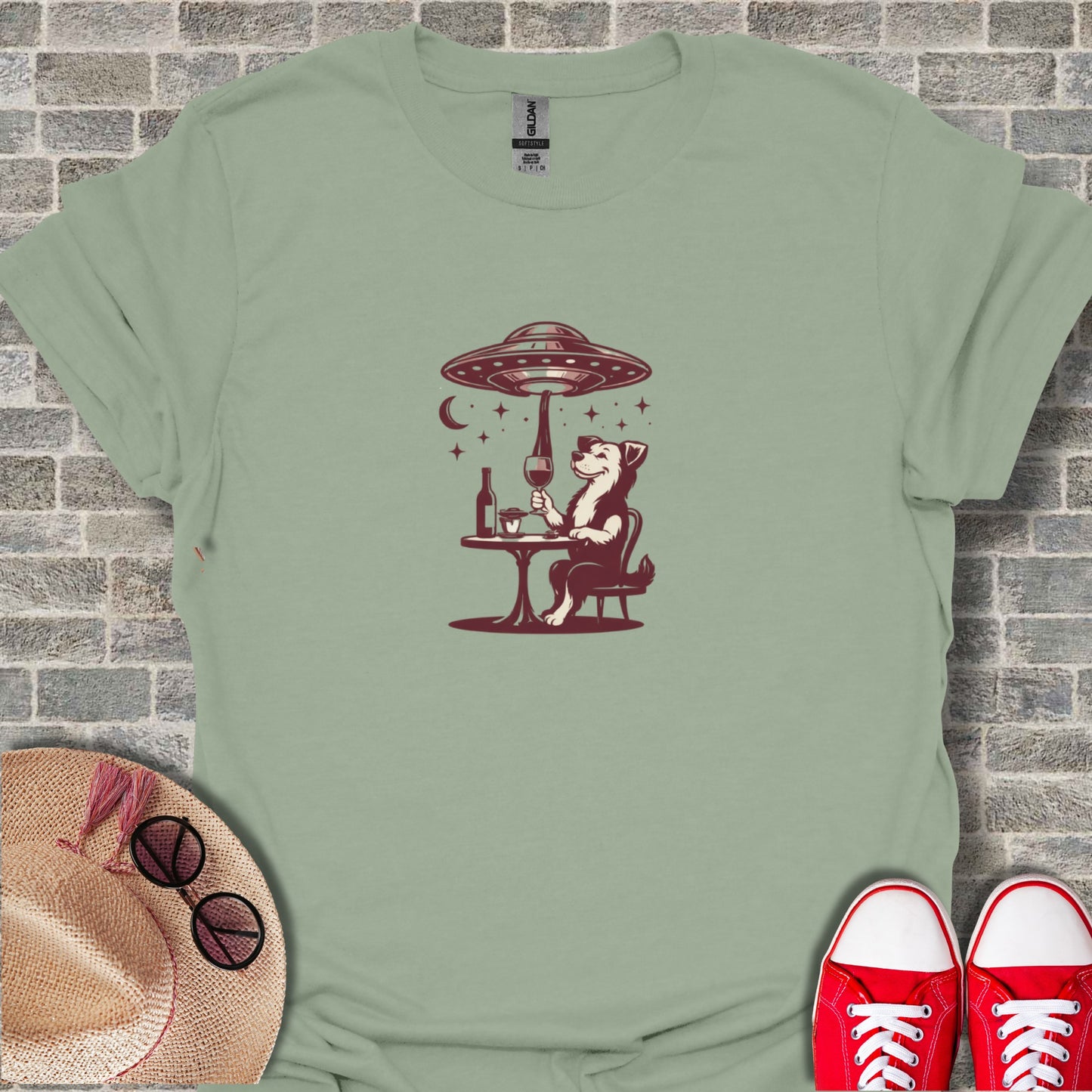 Alien Dog Enjoying Wine with UFO T-shirt