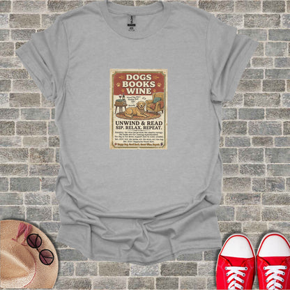 T-shirt with text "Dogs Books Wine" and a reading nook design.