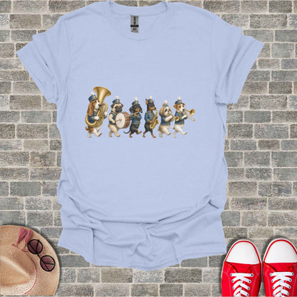 Light blue t-shirt with embroidered dogs playing in a marching band.