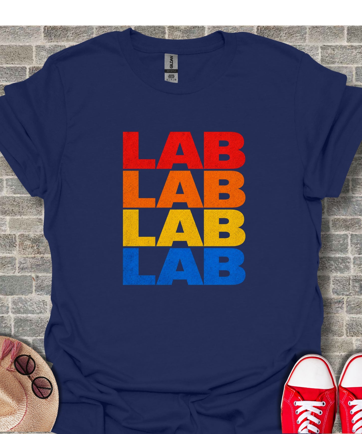 Navy t-shirt with stacked "LAB" in red, orange, yellow, and blue text.