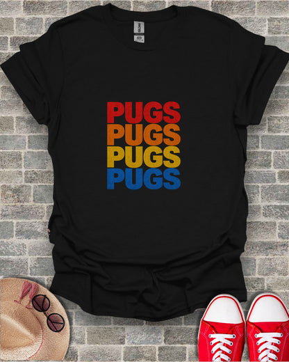 Black t-shirt with "PUGS" repeated in colorful stripes: red, orange, yellow, blue.