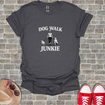 Dark gray t-shirt with "DOG WALK JUNKIE" and graphic of person walking two dogs.