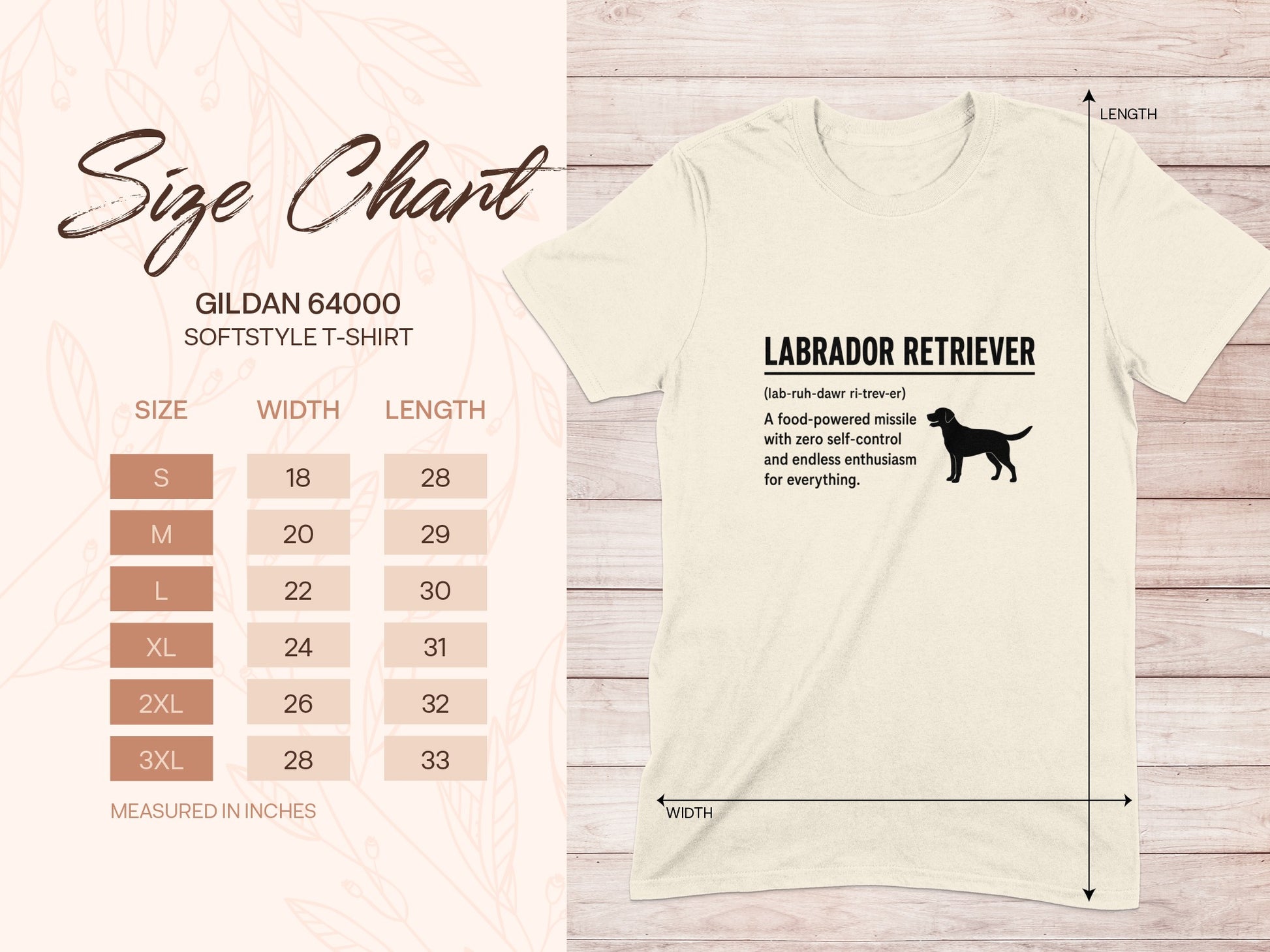 Gildan 64000 t-shirt size chart with Labrador Retriever graphic.