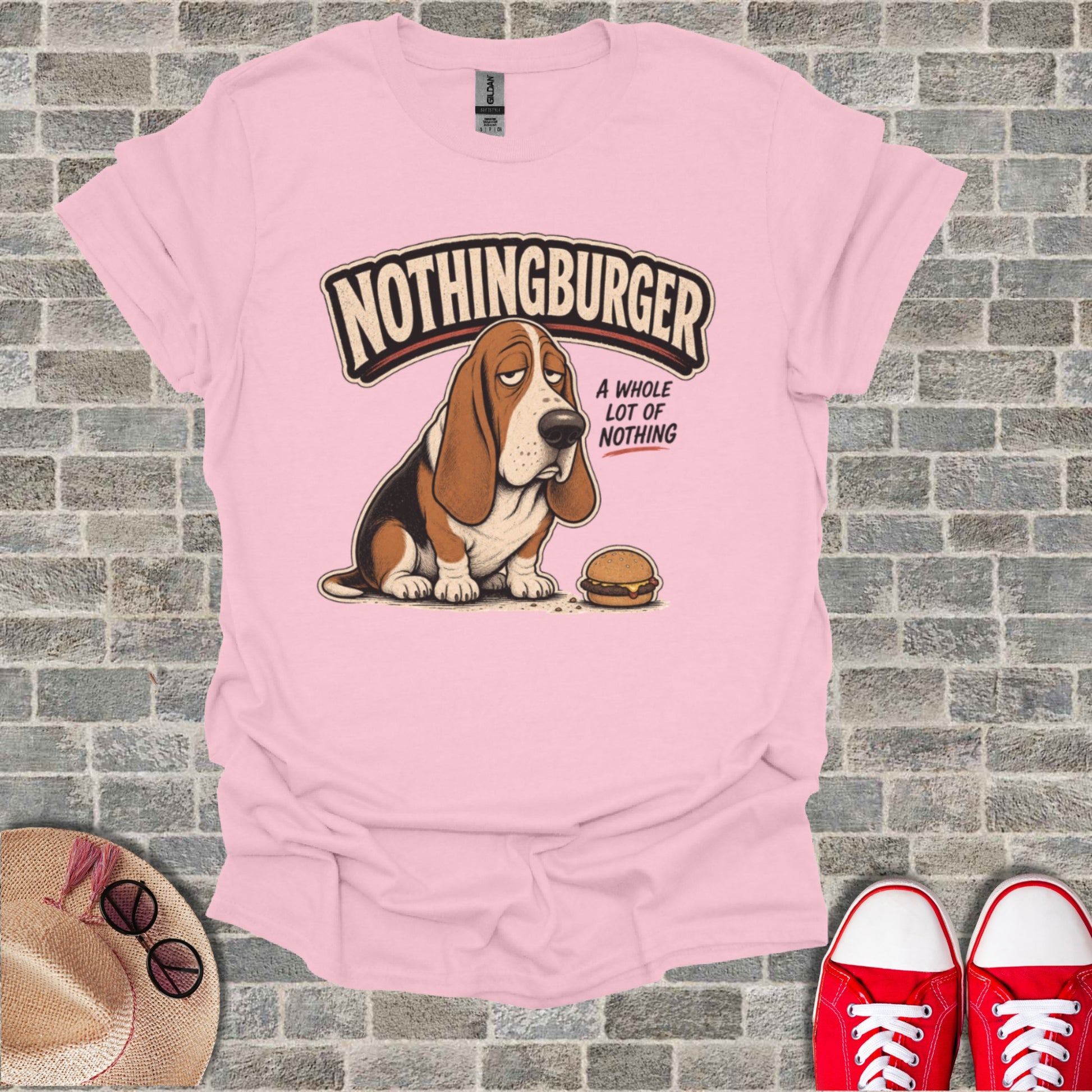 Pink t-shirt with cartoon basset hound and hamburger, text "Nothingburger A Whole Lot of Nothing".
