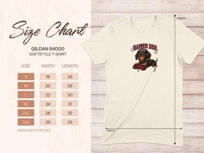 Gildan 64000 size chart for softstyle t-shirt with Gamer Dog graphic.