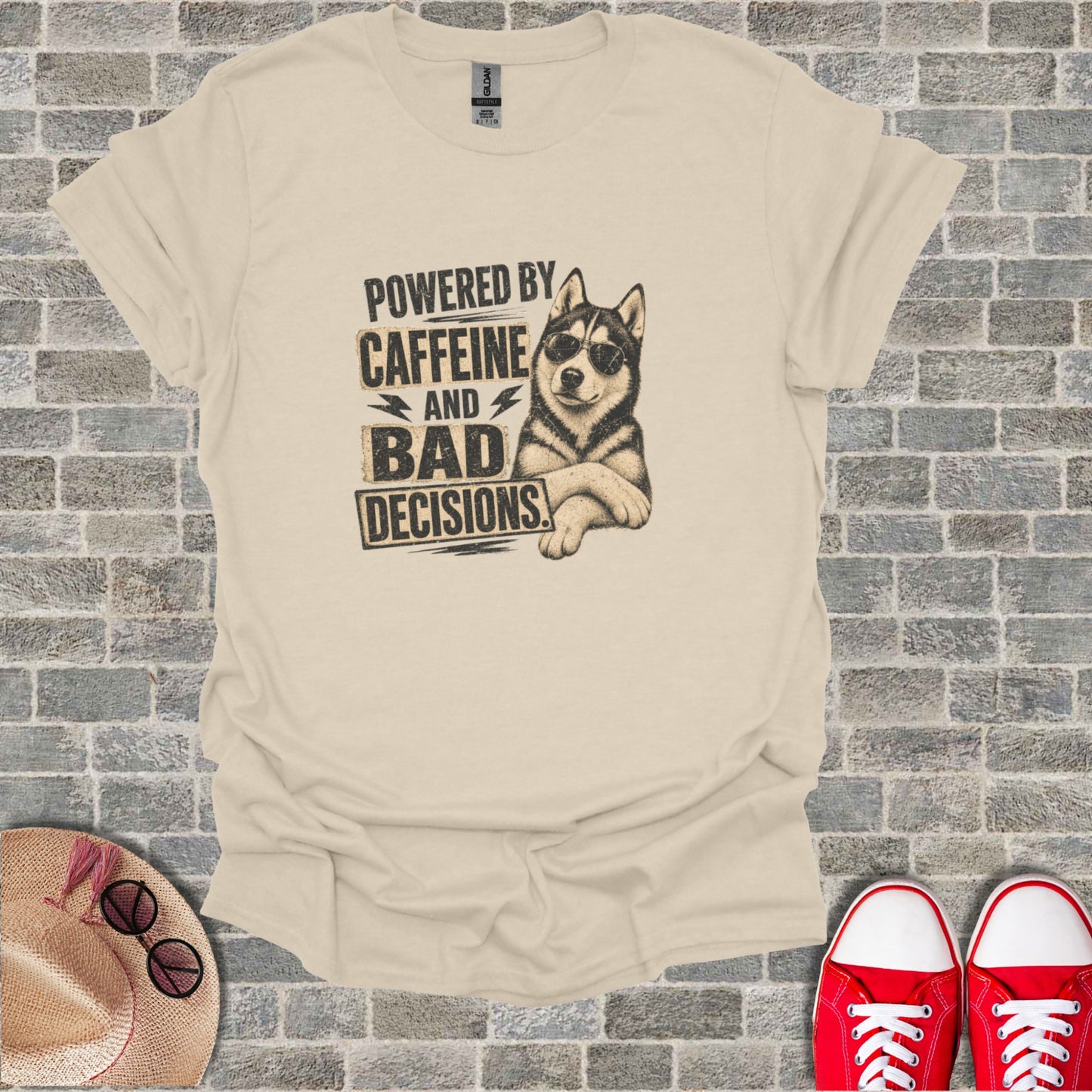 T-shirt with husky wearing sunglasses, "Powered by Caffeine and Bad Decisions."