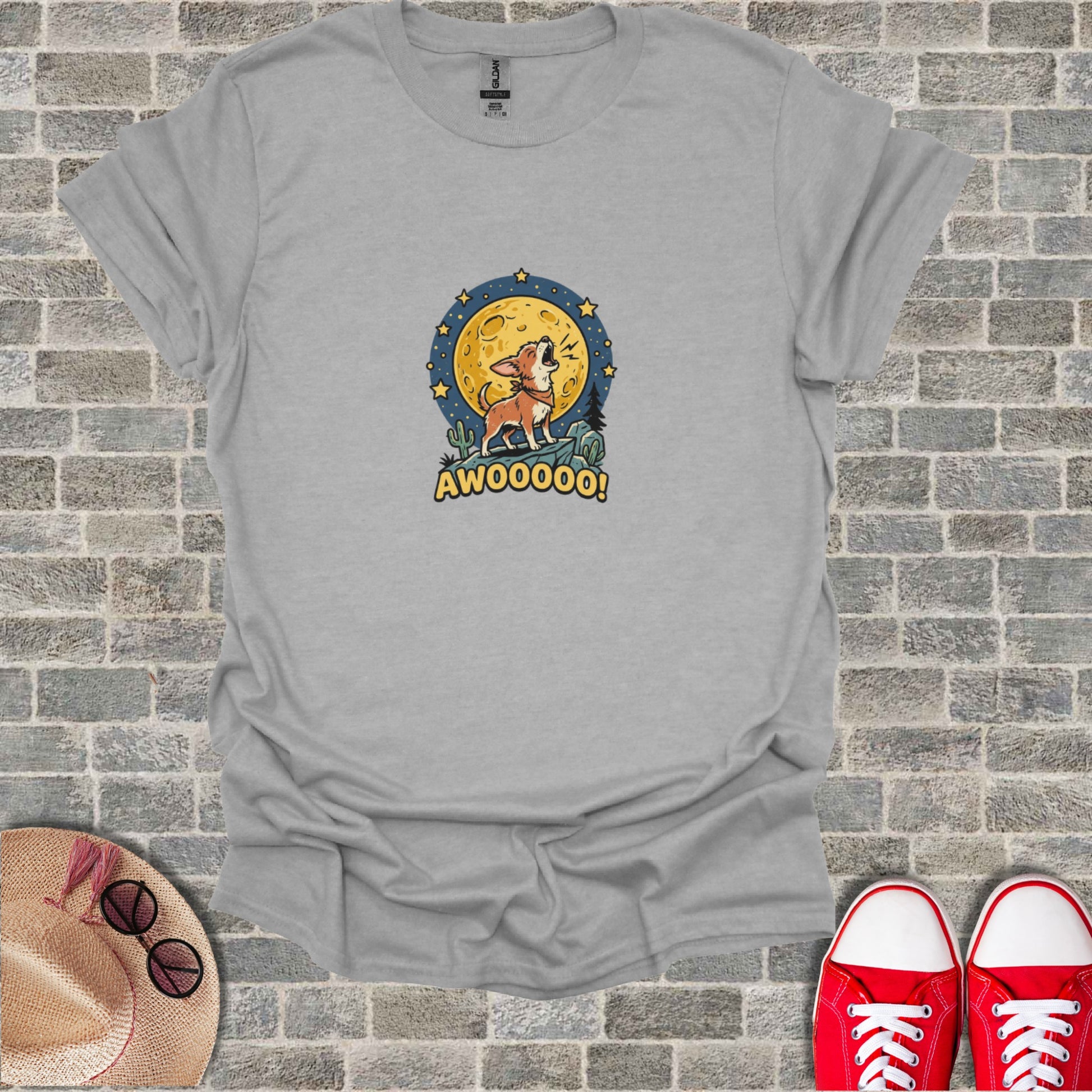 T-shirt with a chihuahua howling at a full moon, text "AWOOOOO!".