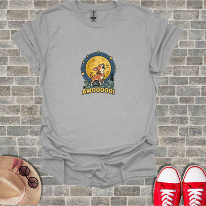 T-shirt with a chihuahua howling at a full moon, text "AWOOOOO!".