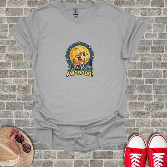 T-shirt with a chihuahua howling at a full moon, text "AWOOOOO!".