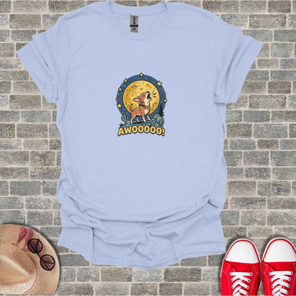 Light blue t-shirt with a cartoon dog howling at the moon, reading "AWOOOO!".