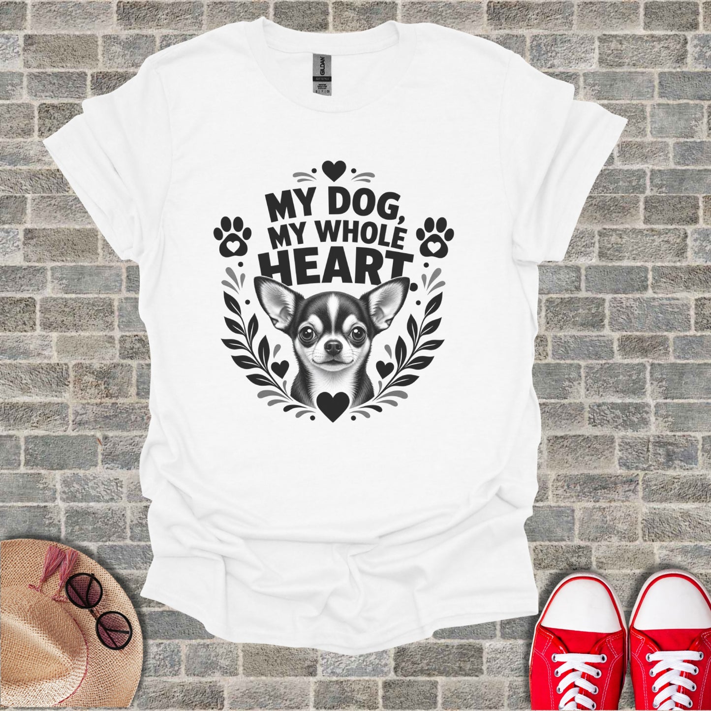 White t-shirt with "My Dog, My Whole Heart" and a chihuahua graphic.