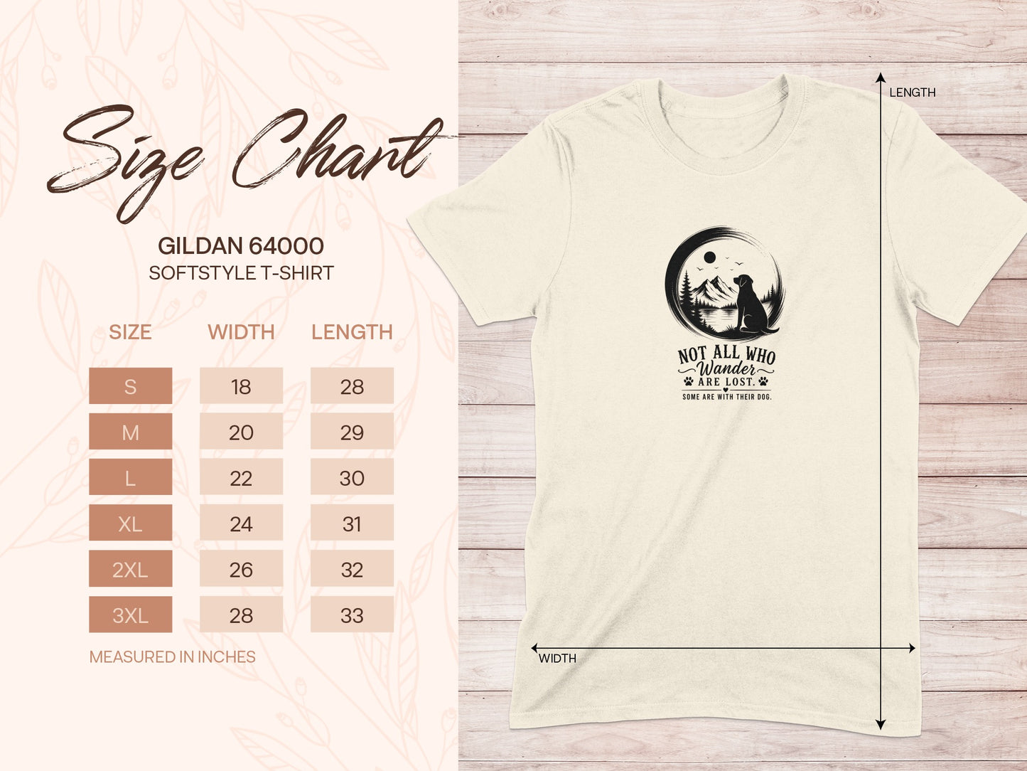 Gildan 64000 softstyle t-shirt size chart with dog graphic and text.