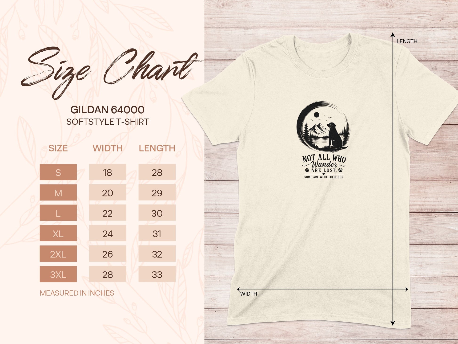 Gildan 64000 softstyle t-shirt size chart with dog graphic and text.