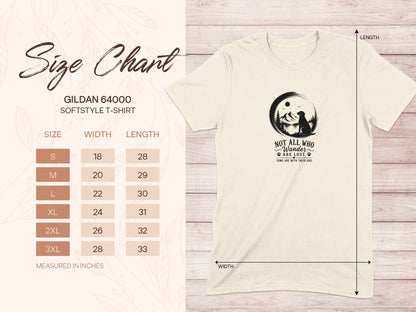 Gildan 64000 softstyle t-shirt size chart with dog graphic and text.