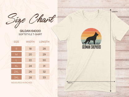 Gildan 64000 size chart for a German Shepherd t-shirt.