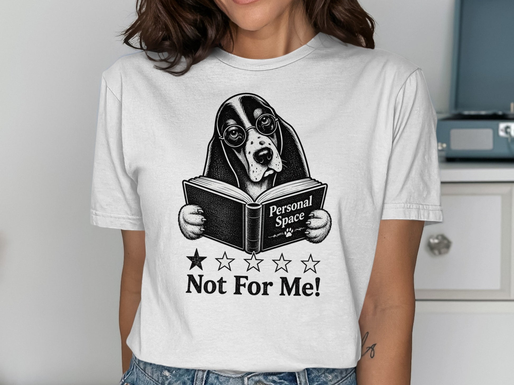 Basset hound in glasses reads book with "Personal Space Not For Me!" text.
