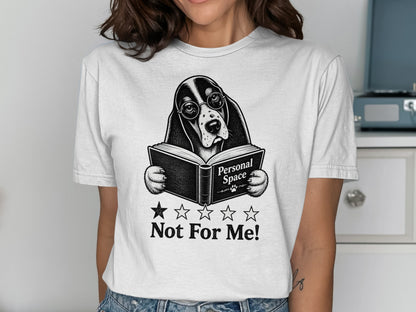 Basset hound in glasses reads book with "Personal Space Not For Me!" text.