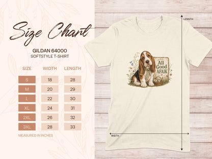 Gildan 64000 size chart for softstyle t-shirts with dog graphic.